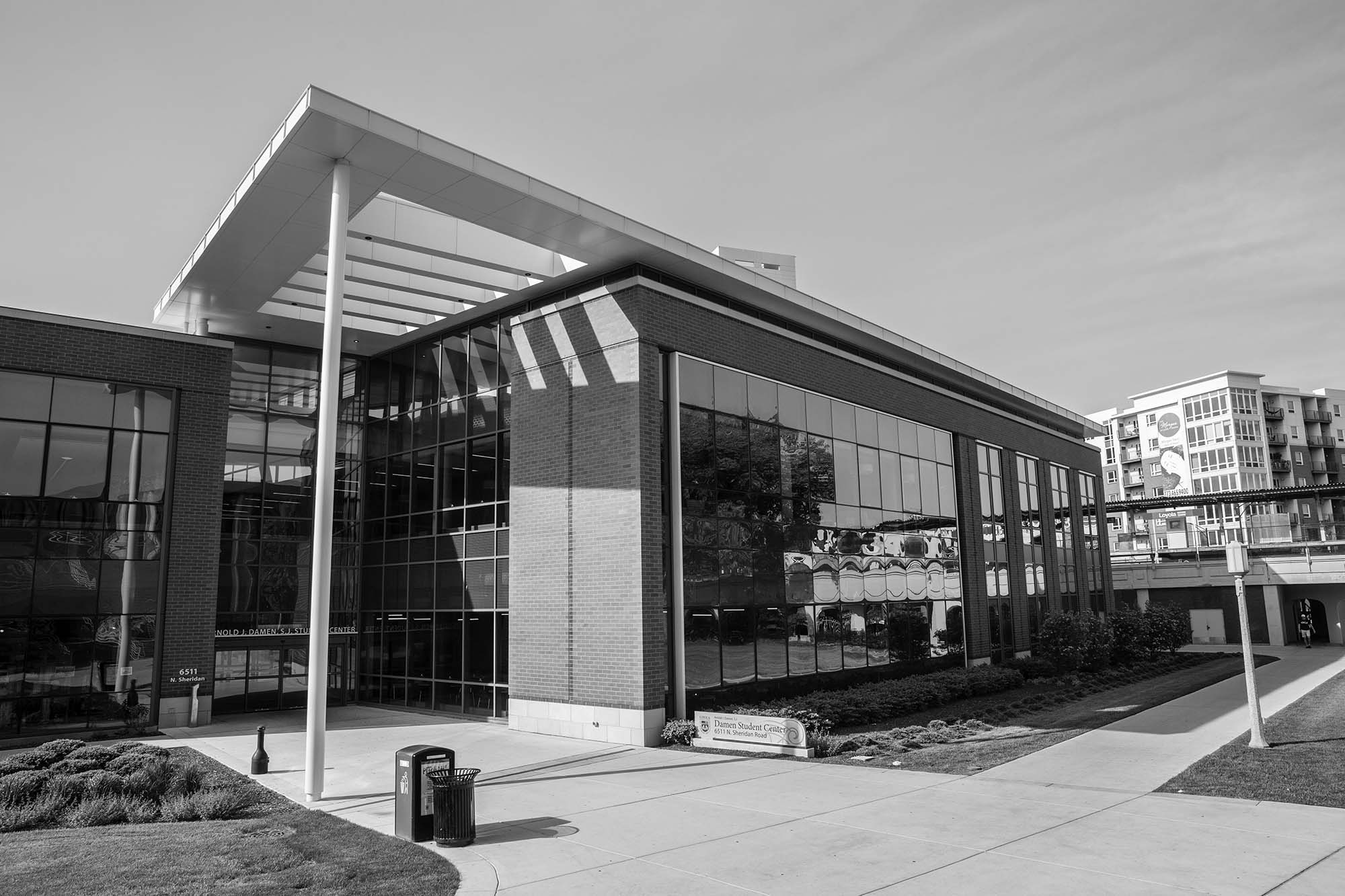 View of the Damen Student Center across from Mertz Hall