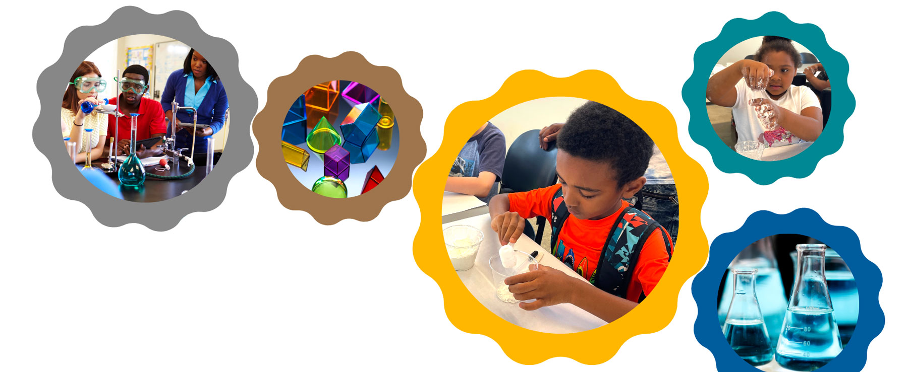 Multi-colored gears with images of children participating in science projects