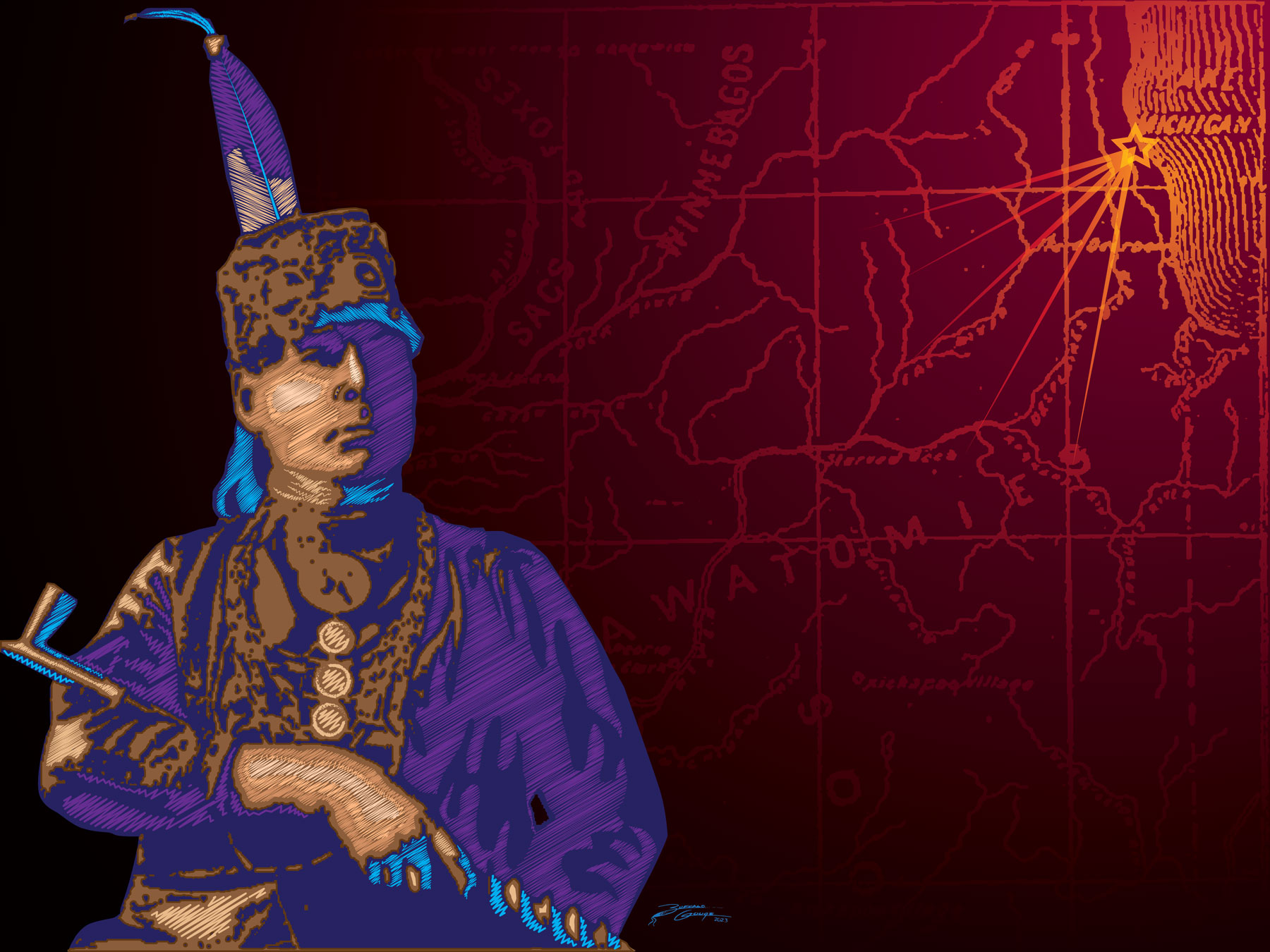 Expressive artwork of a Native American holding a pipe by artist Buffalo Gouge