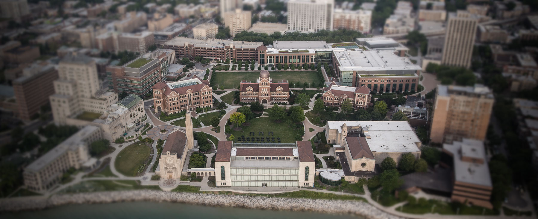 An aerial vantage point of the Loyola University Chicago Lakeshore Campus