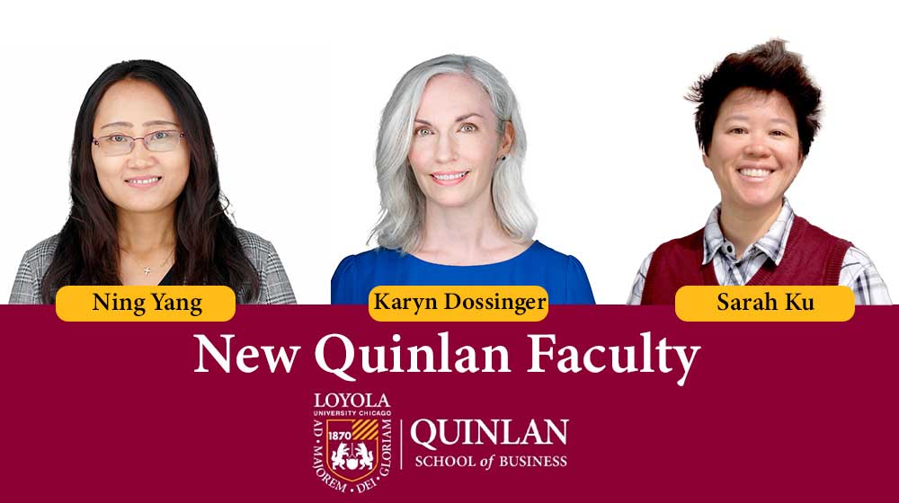 Headshots of three new faculty members. Text: New Quinlan Faculty