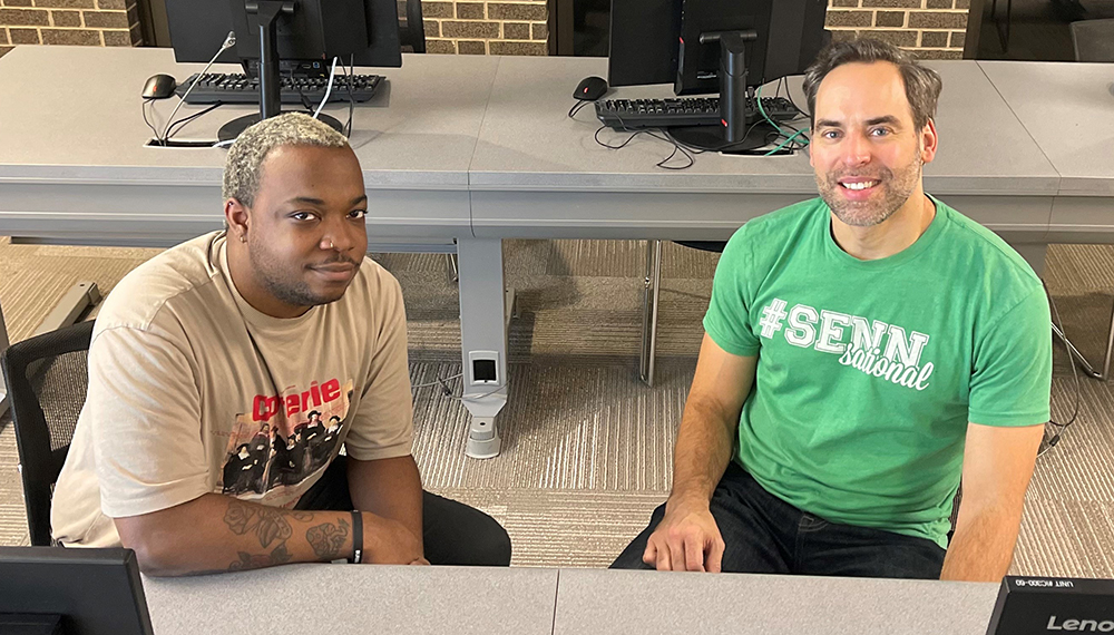 SOC student Kendall Jackson was taught by Michael Cullinane at Senn High School. Now Cullinane is Jackson’s professor in a Loyola journalism class.