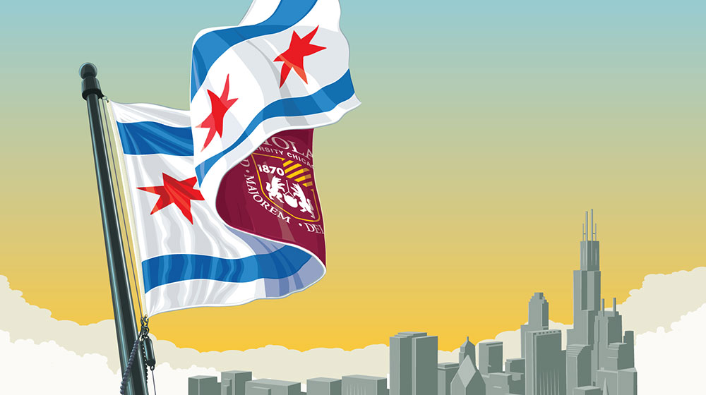 A conceptual illustration that combines the Chicago flag and the Loyola University Chicago flag