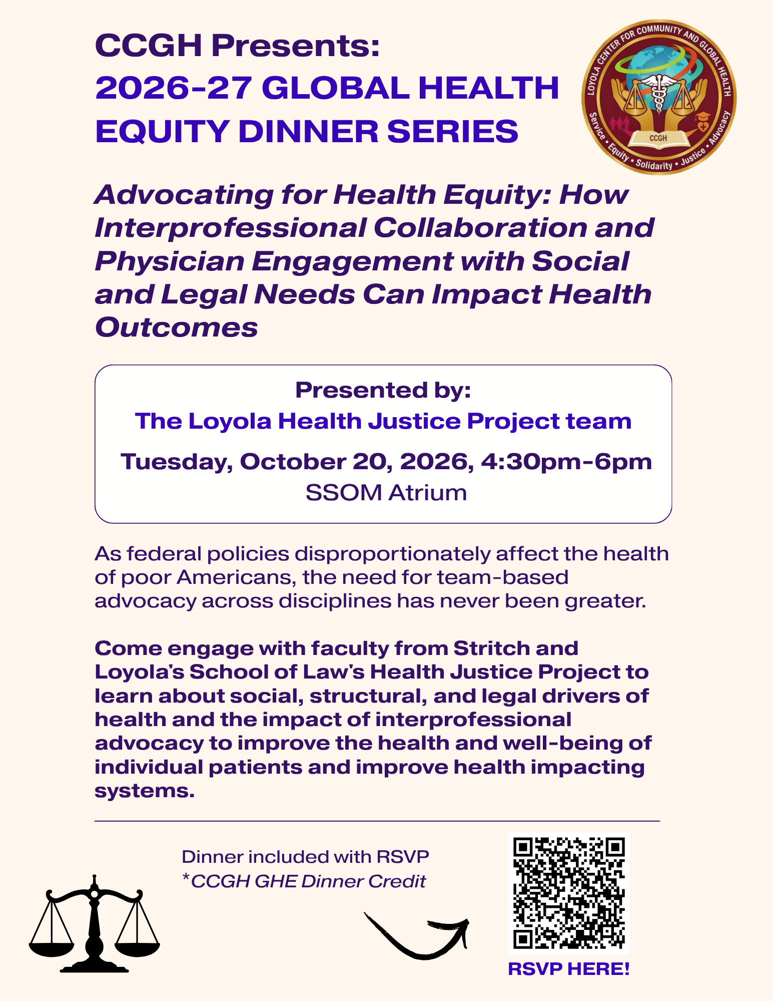 Flier for the Global Heath Equity Dinner on October 20, 2026.