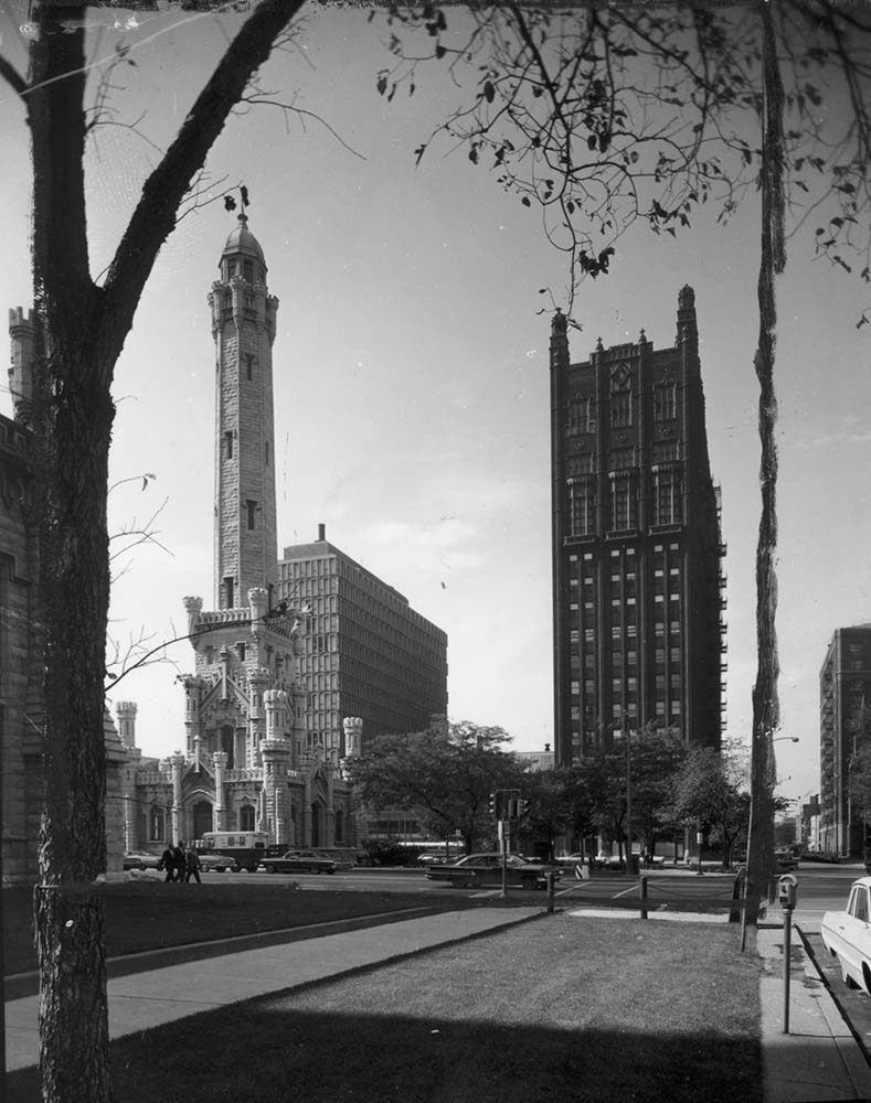 View of Lewis Towers and the historic Chicago water tower in the 1950s