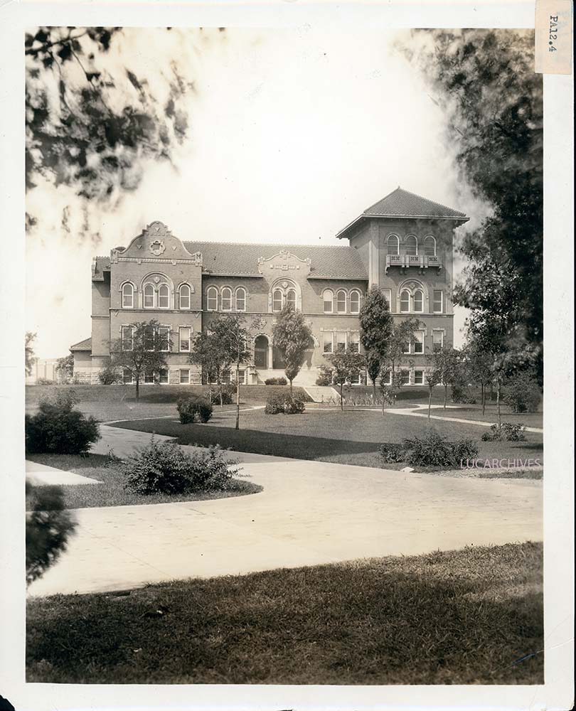 Exterior view of Dumbach Hall in the 1920s