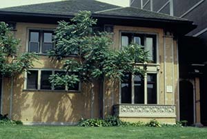 Exterior view of the yellow house/president's house on Sheridan Road