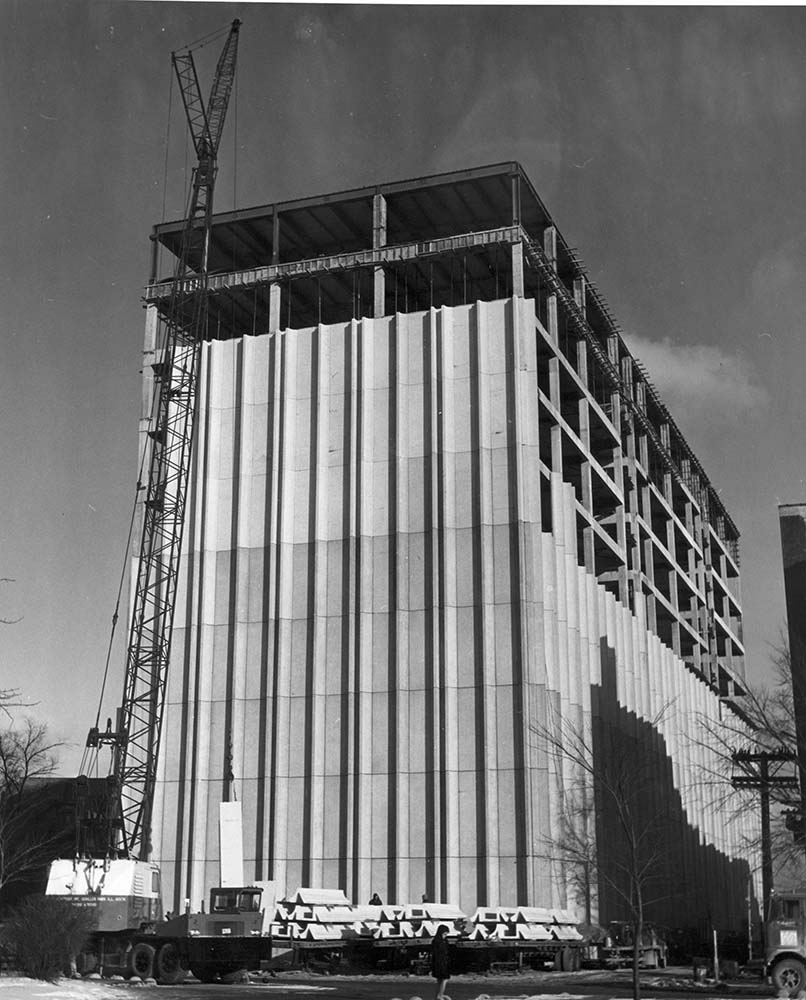Construction of Damen Hall in 1968 showing the building almost complete except for the top floors.