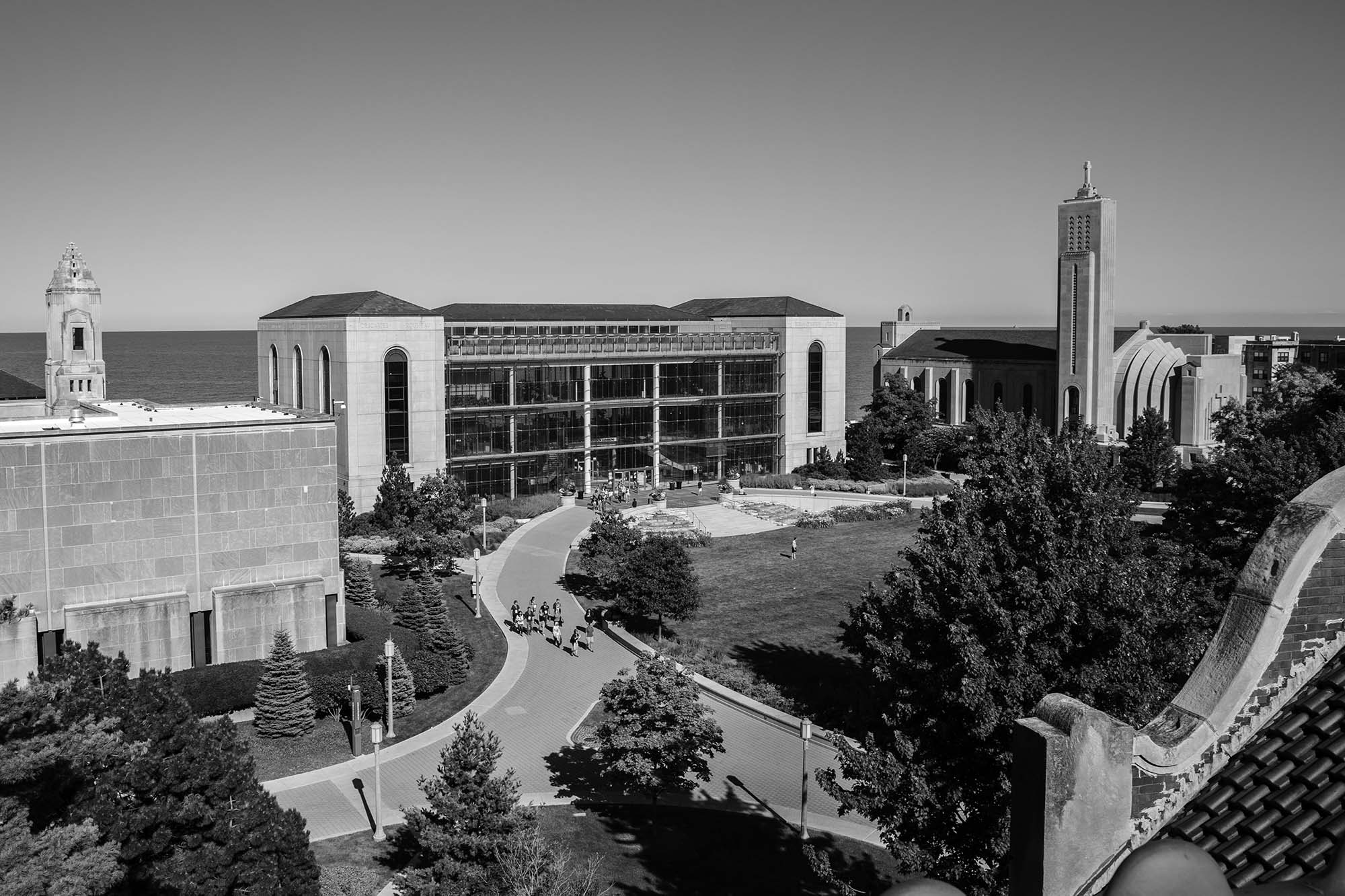 Aerial view of the east quad showing the Information Commons between Cudahy Library and Madonna della Strada chapel