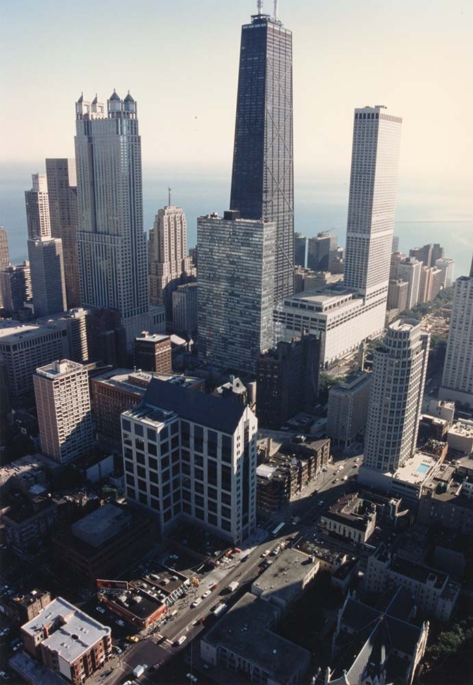 Aerial photograph showing Water Tower Campus from the west towards Lake Michigan