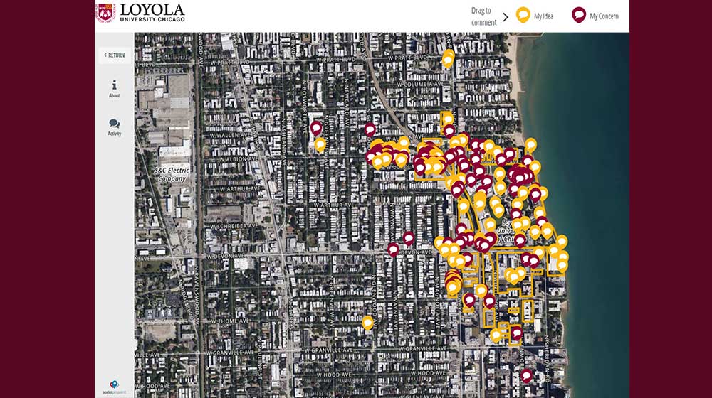 Screenshot of satellite map view of Rogers Park with maroon and gold icons marking comments and thoughts from users Screenshot of satellite map view of Rogers Park with maroon and gold icons marking comments and thoughts from users