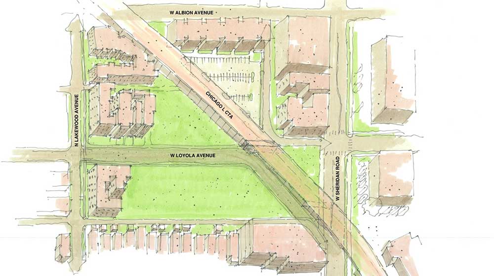 Watercolor illustrated map of western side of Loyola University Chicago Lake Shore Campus