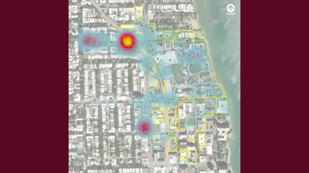 A screenshot of a satellite map heatmap of Rogers Park in Chicago A screenshot of a satellite map heatmap of Rogers Park in Chicago