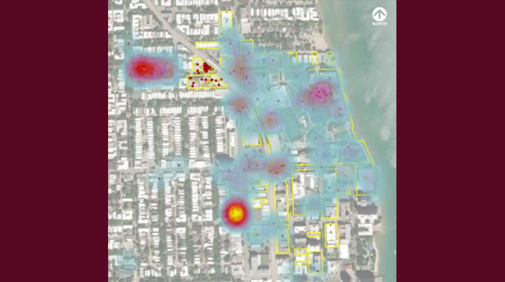 A screenshot of a satellite map heatmap of Rogers Park in Chicago A screenshot of a satellite map heatmap of Rogers Park in Chicago