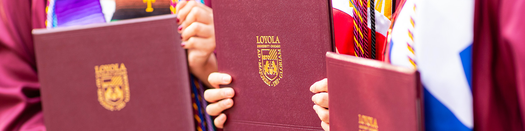 Close up of Loyola University Chicago College of Arts and Sciences alumni showing off their diplomas at graduation.