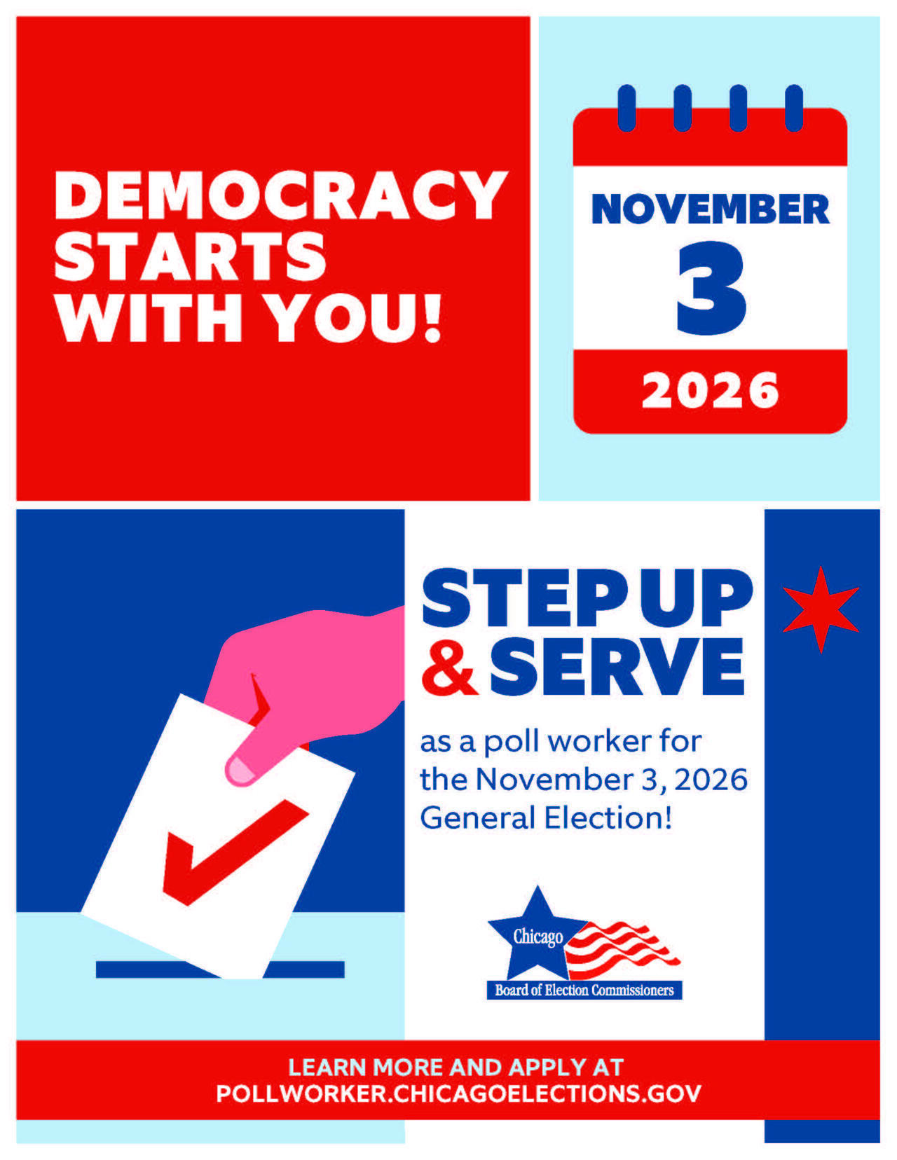 red and blue flier with poll worker information