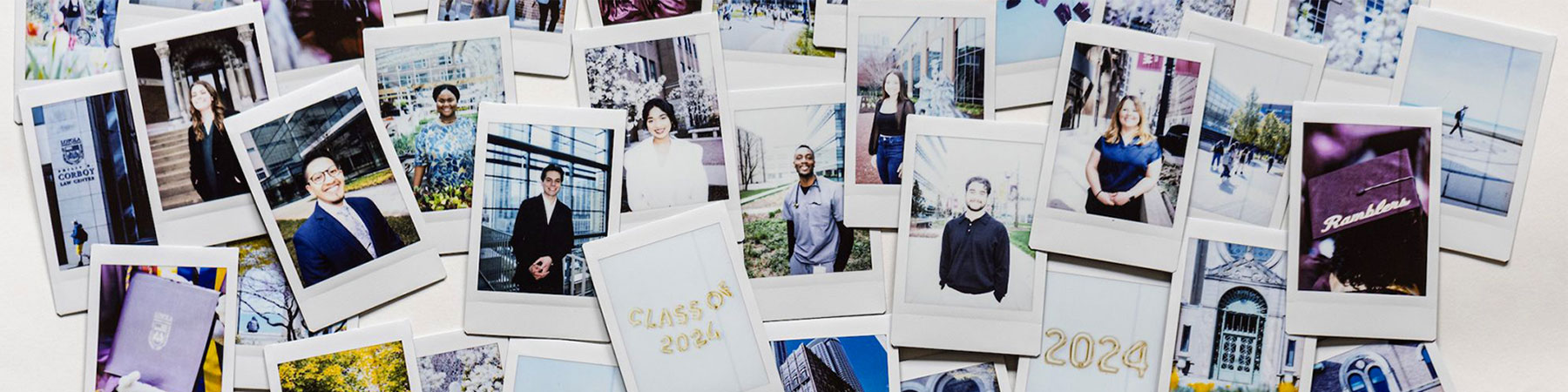 A group of various polaroid images of 2024 graduating students and other commencement related subjects displayed together on a wall.