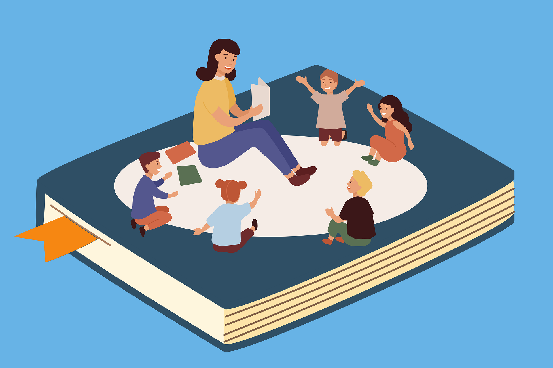 a teacher reading to kids while all are sitting on a large book