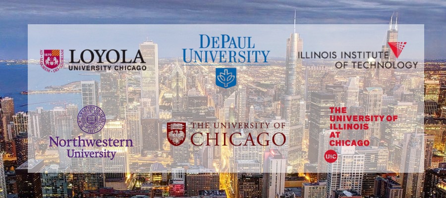 The logos for Loyola University Chicago, Depaul University, Illinois Institute of Technology, University of Chicago, University of Illinois - Chicago, and Northwestern University set against an aerial nighttime view of downtown Chicago