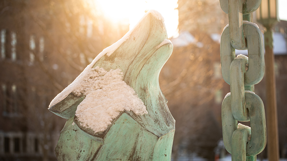 Patina wolf statue on Loyola's Lake Shore Campus.