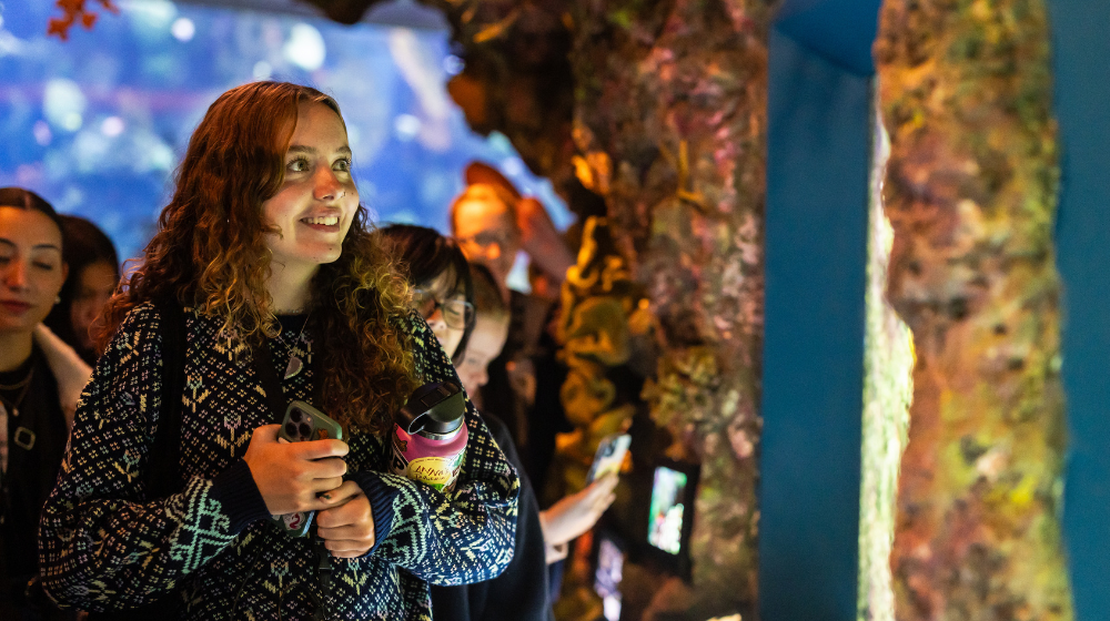 A student admires Shedd Aquairum. A student admires Shedd Aquairum.