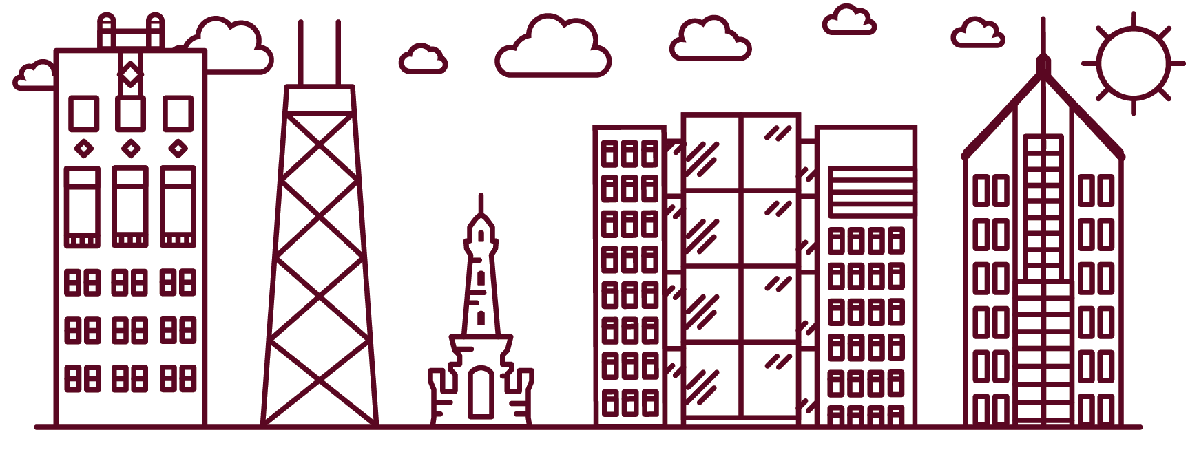 illustrations of Water Tower Campus landmarks