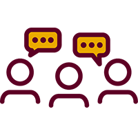 illustrated icon of three heads with speech bubbles over them