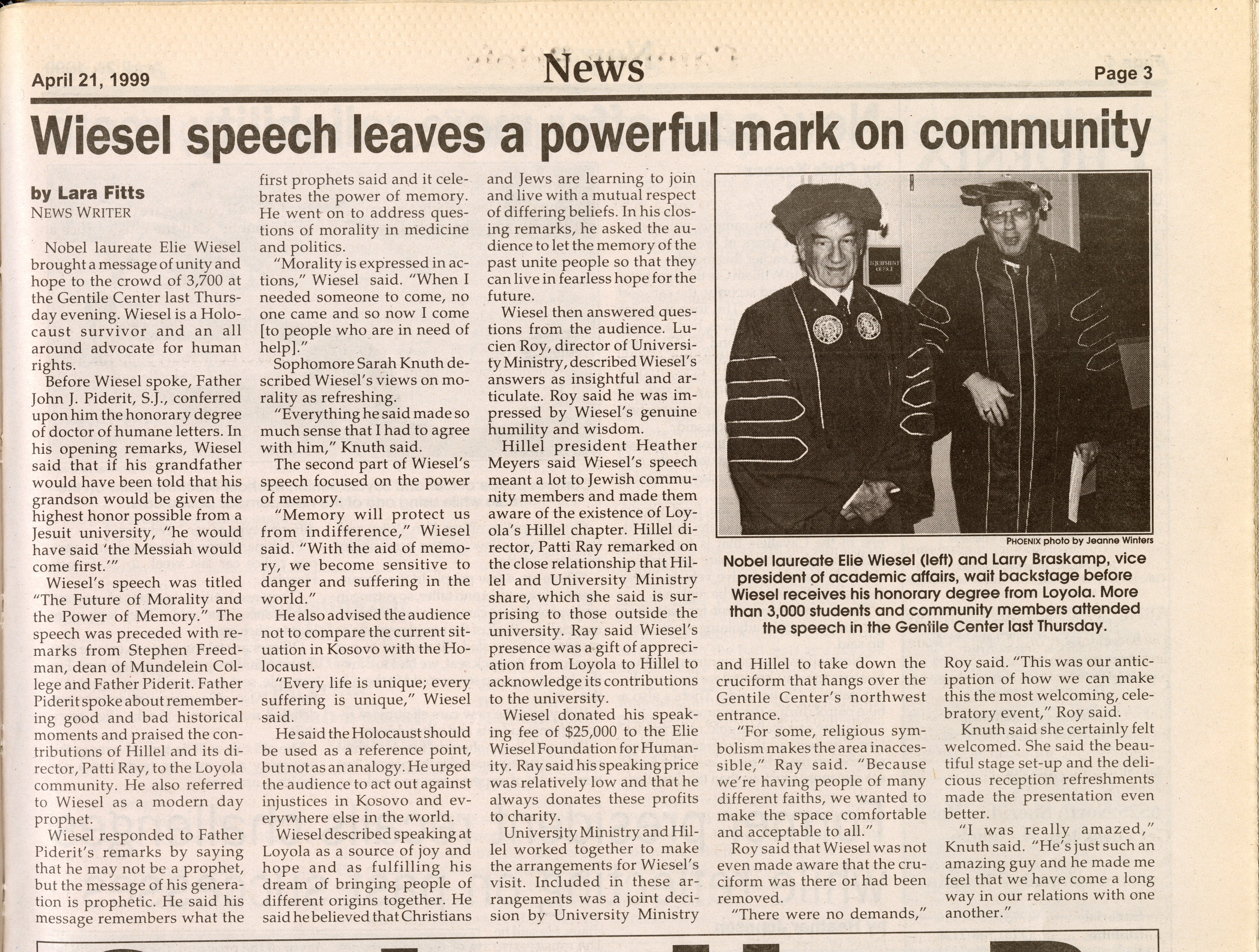 April 1999 issue of Loyola newspaper about Elie Wiesel speech