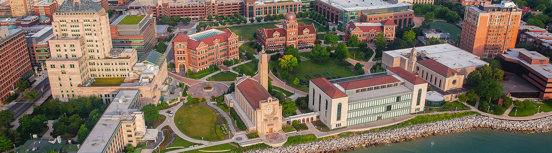 Aerial views of Loyola's Lake Shore Campus and its facilities