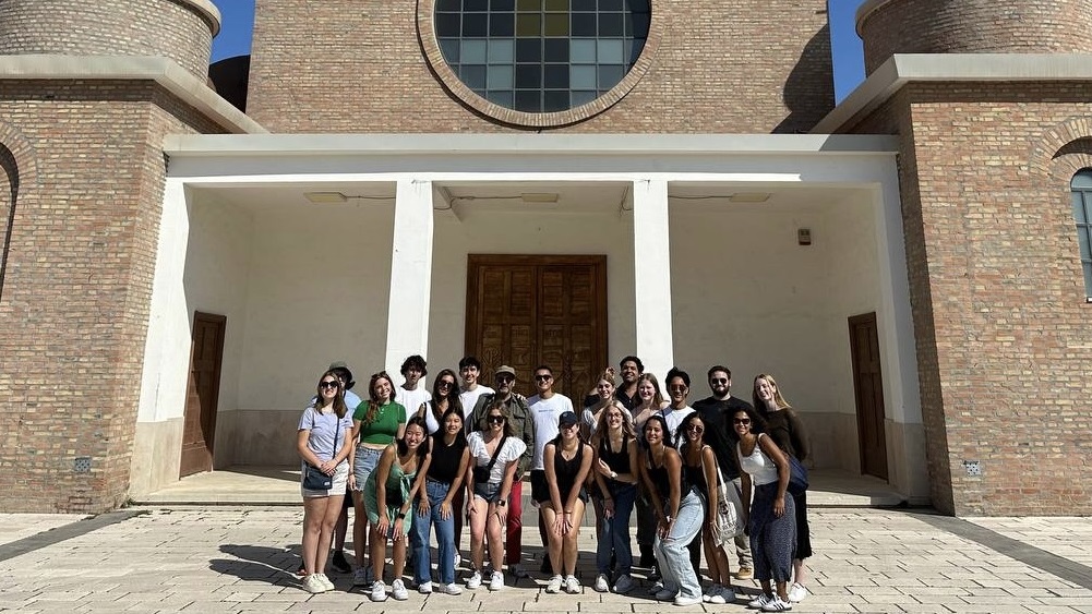 Student group in front of church in Borgo Mezzanone during study trip