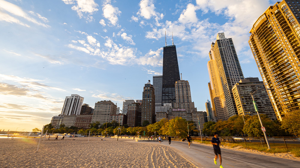 The Chicago lakefront in the morning with the Hancock building in the background