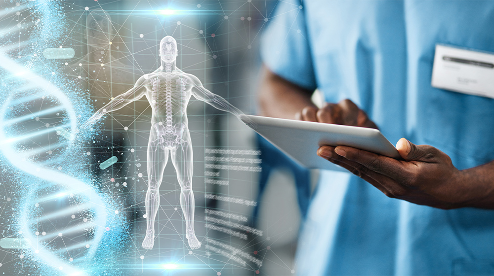 a hologram of the body and DNA along with a health care professional in the background