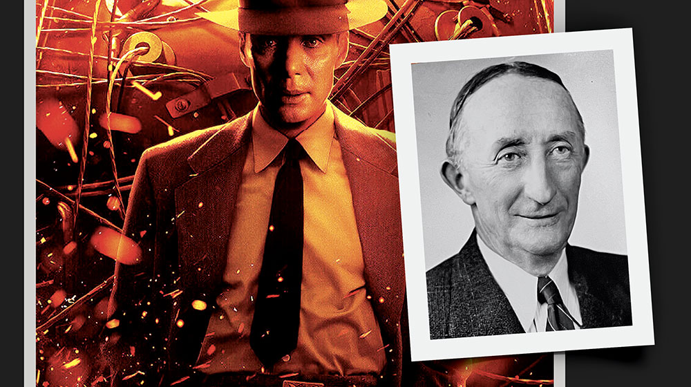 The Oppenheimer movie poster with a black-and-white headshot photo inset of former Loyola chemistry professor Ward Evans.