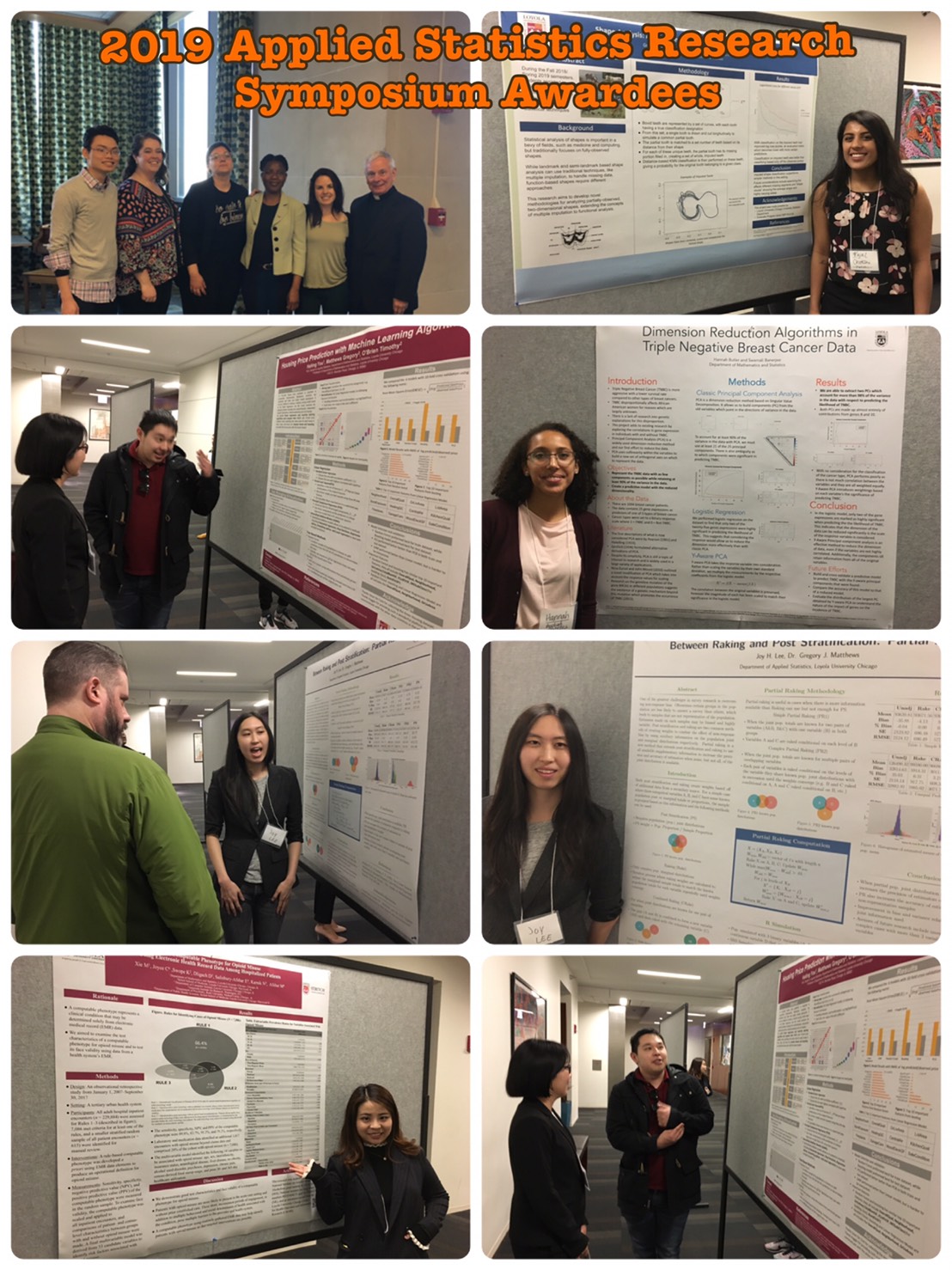 This image is a collage of eight photos. In each photo, a student presenter is standing in front of a poster that displays their research.