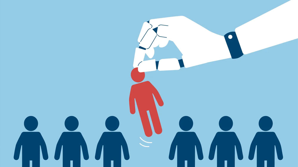 Robotic hand plucking stick figure from group of others