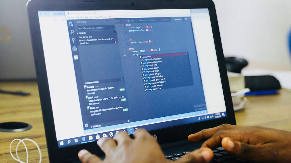 Hands typing on laptop - computer screen with coding