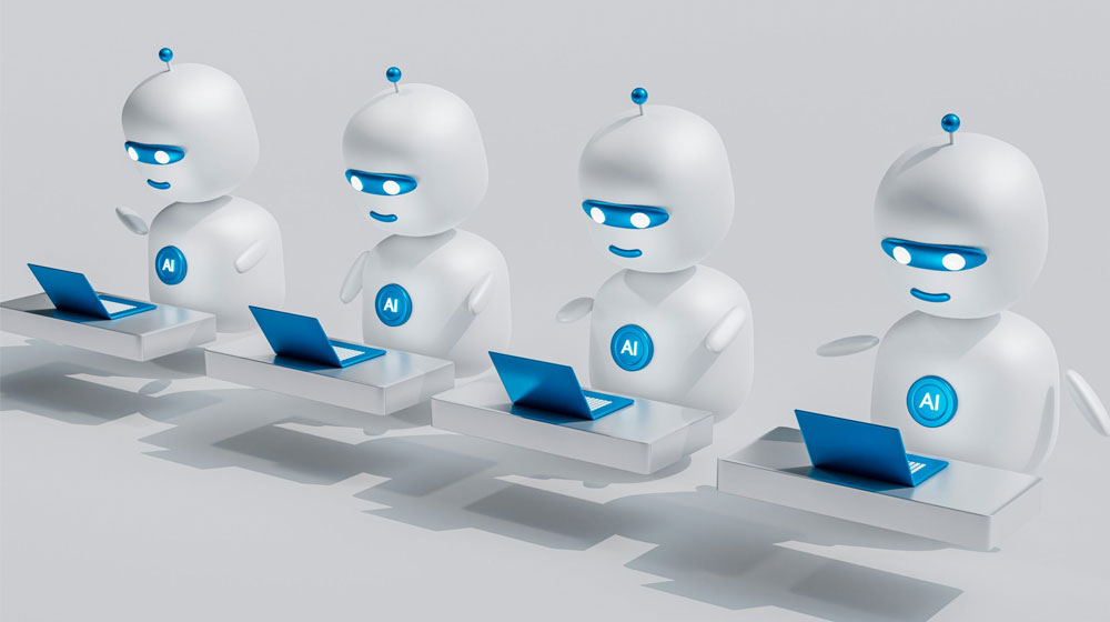 Group of AI bots working on laptops
