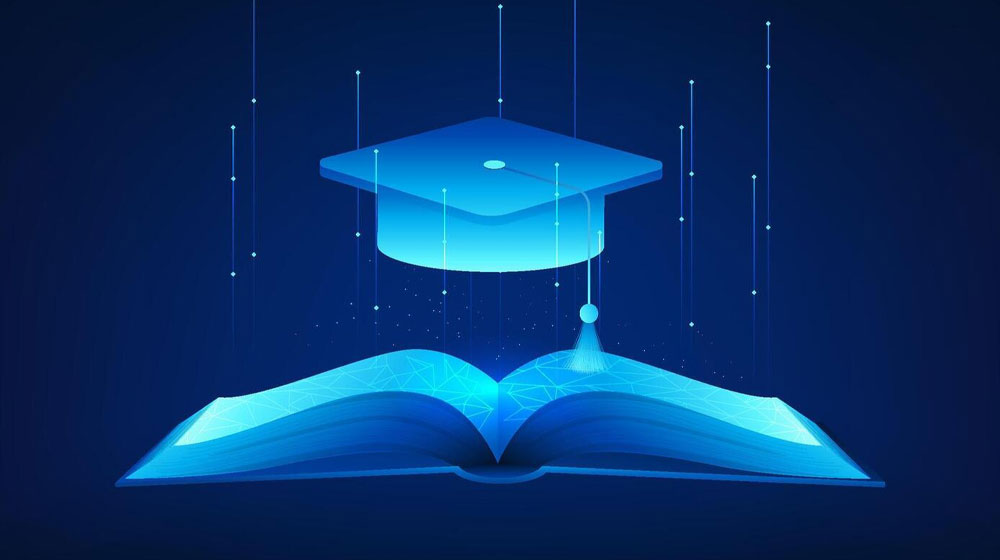 Graduation cap floating about AI generated open book
