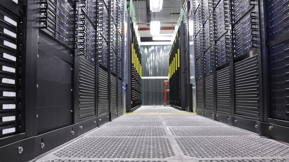 Low angle photo of a data center hallway