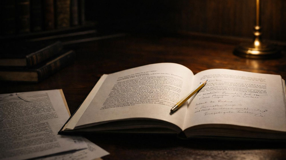 Law book laying open on a wooden desk below a desk lamp