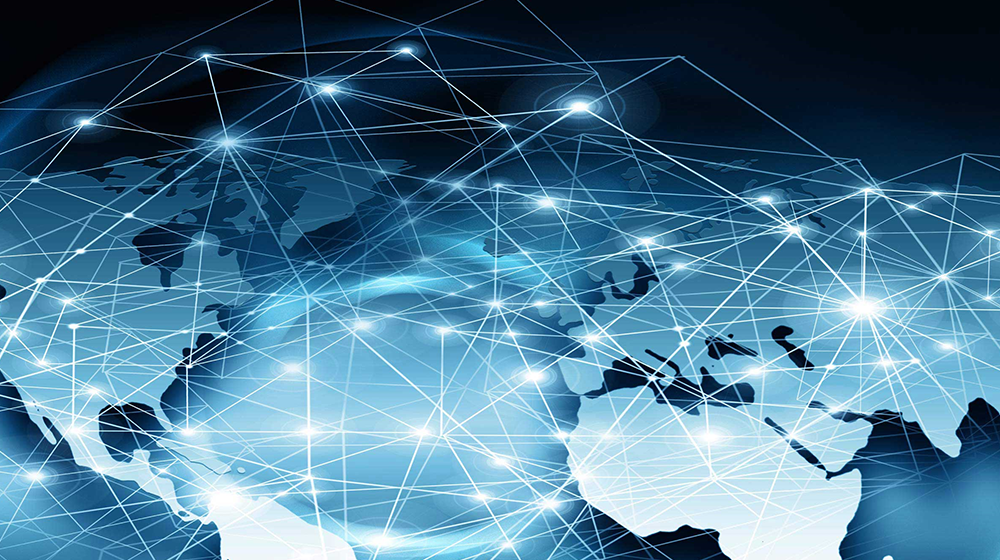 A blue graphic of the globe with multiple interconnected lines A blue graphic of the globe with multiple interconnected lines