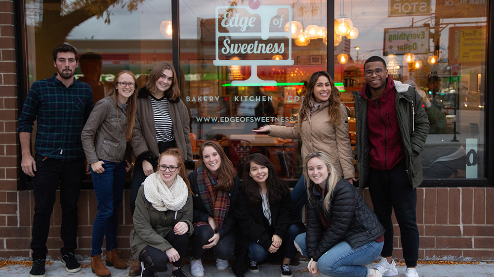 Students outside Edge of Sweetness Bakery in Edgewater Students outside Edge of Sweetness Bakery in Edgewater
