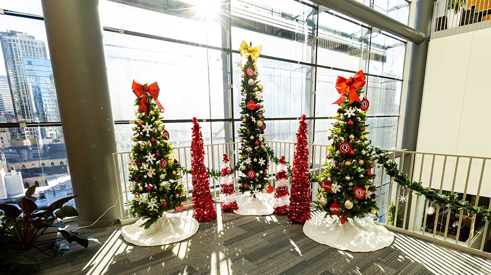 Three green Christmas trees and two smaller red trees stand in the Schreiber Center in front of the Chicago skyline. Three green Christmas trees and two smaller red trees stand in the Schreiber Center in front of the Chicago skyline.