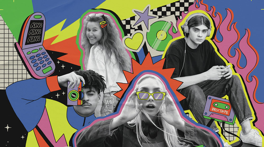 A colorful graphic featuring people with wired earbuds, flip phones, and CDs.