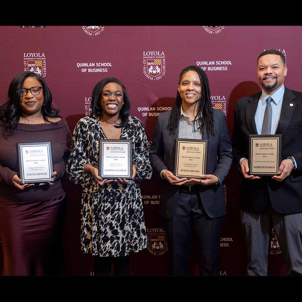 Yvette Mensah, Jasmine Gilstrap, Kemena Brooks and Bashir Muhammad hold thier awards from the 2026 Black Excellence Awards