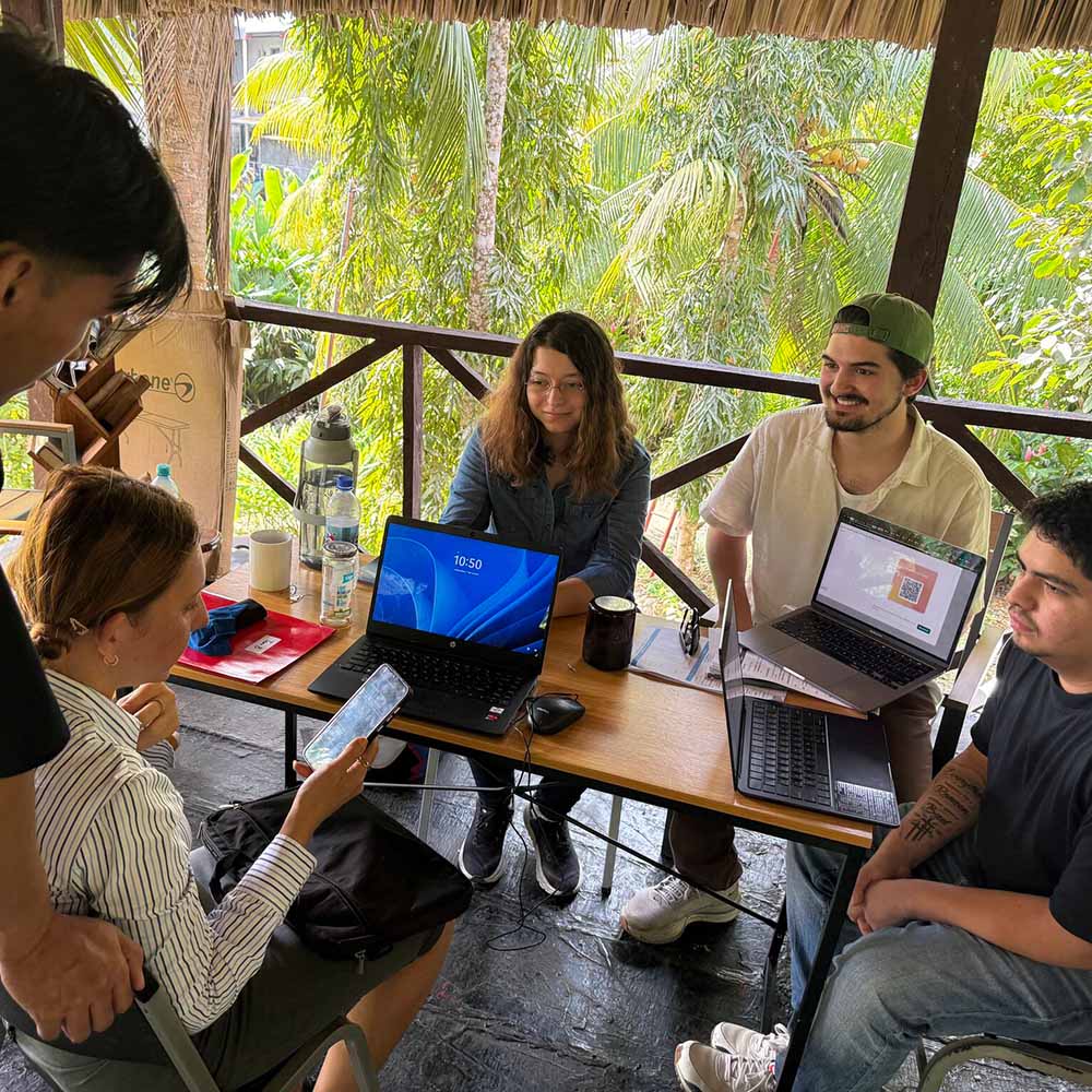 Students work on a business project on an elevated surface in a Panama forest