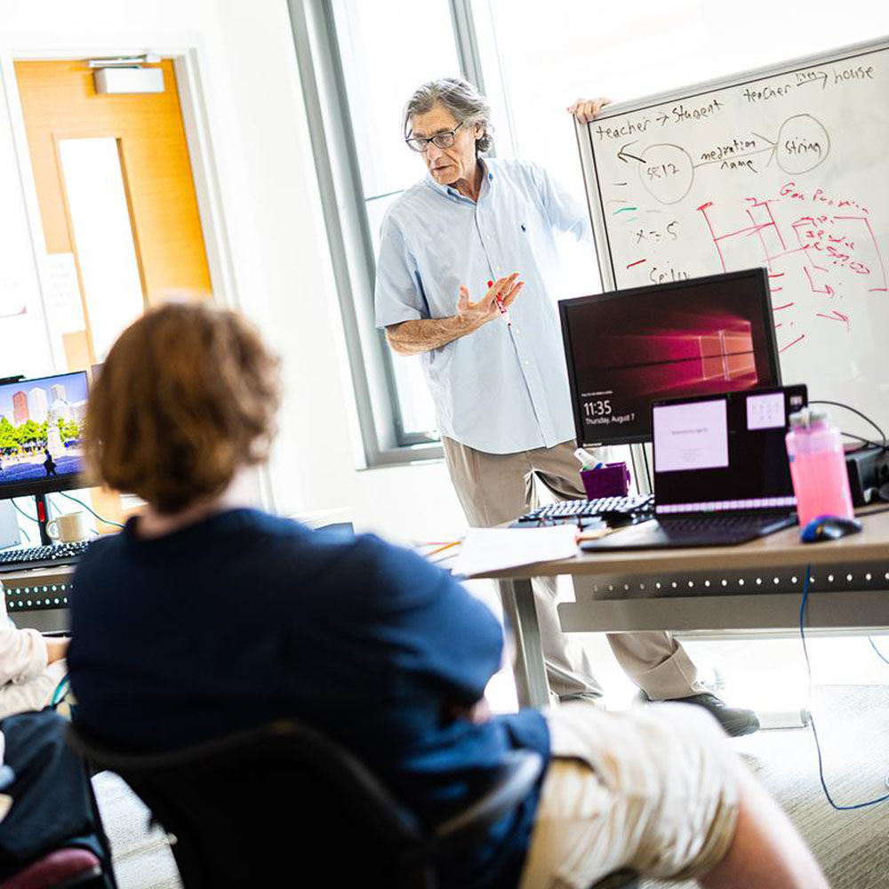 Steven Keith Platt leads a classroom with a whiteboard and computer