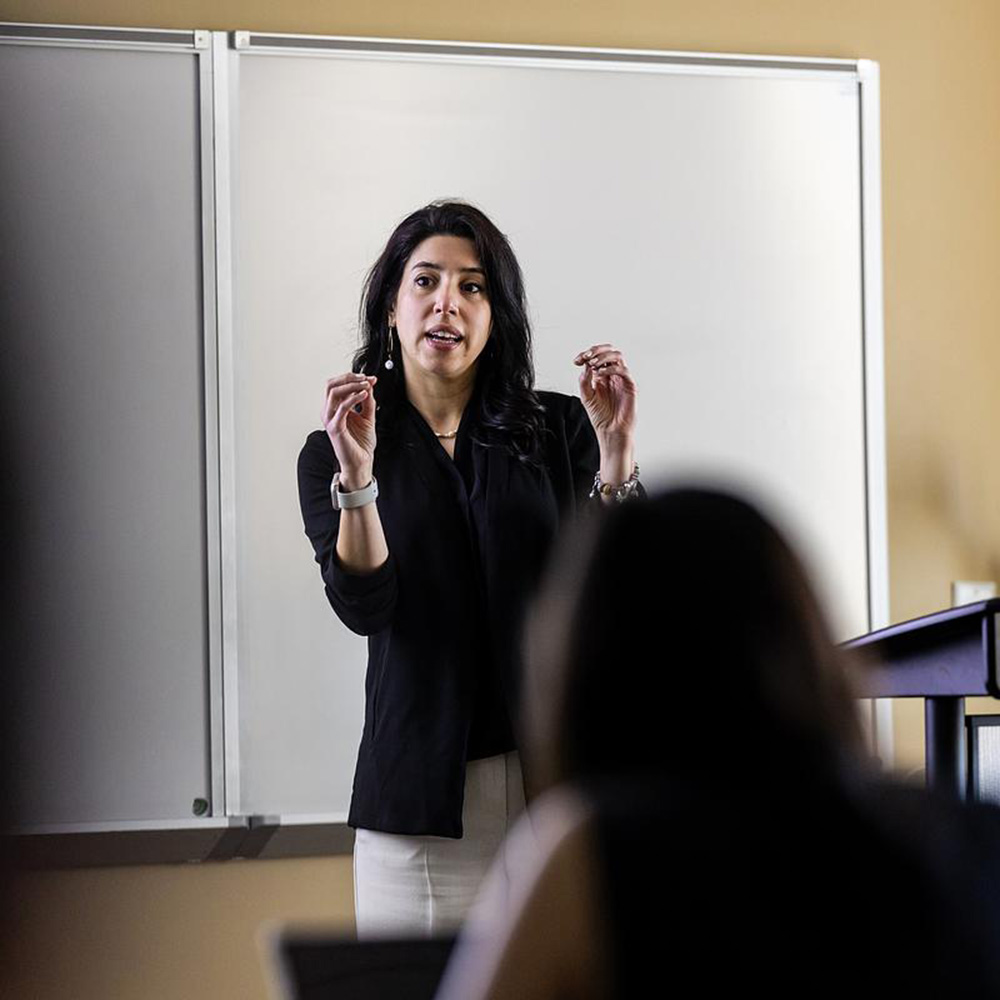 Shabnam Azimi leads a classroom in front of a whiteboard