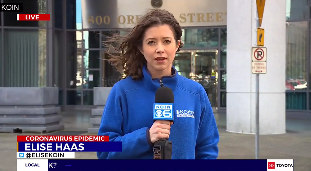 Elise Haas, a 2016 SOC graduate, does daily news reports for KOIN 6 News in Portland, Oregon.