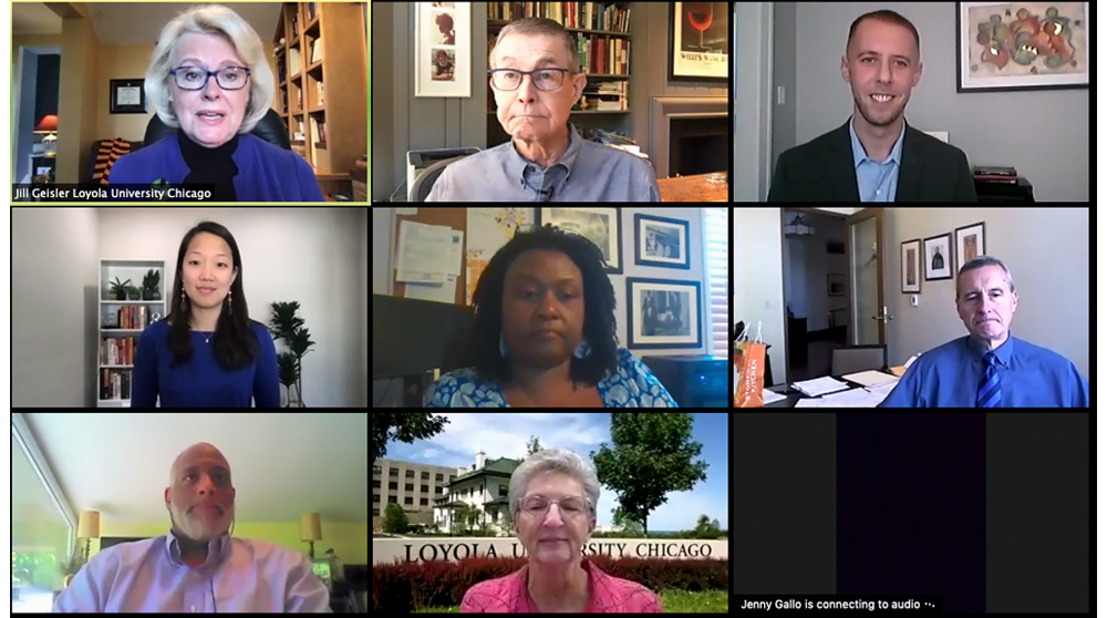 Top row: Jill Geisler, Bill Plante, Eric Hansen. Middle row: Michelle Ye Hee Lee, Kenya Young, Wayne Magdziarz. Bottom row: Mizell Stewart, Loyola President Jo Anne Rooney.